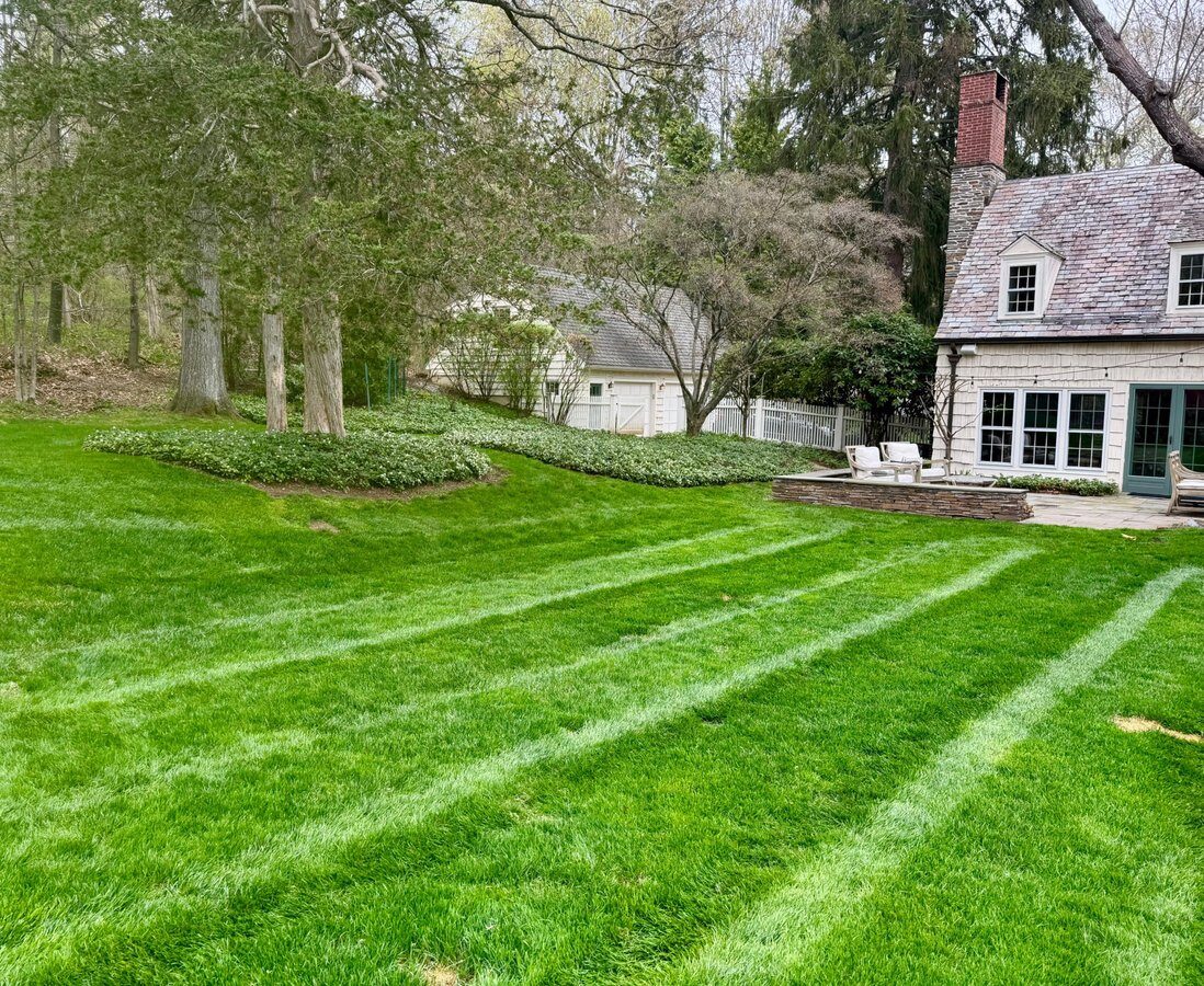 Clean, evenly mowed residential lawn after a seasonal service visit